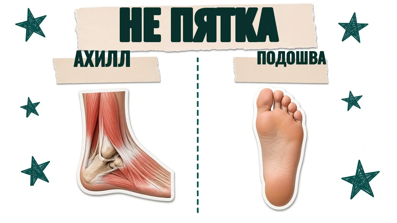 Карточка «Не пятка»: сухожилие сзади голеностопа с подписью «Ахилл» и подошва с подписью «Подошва»