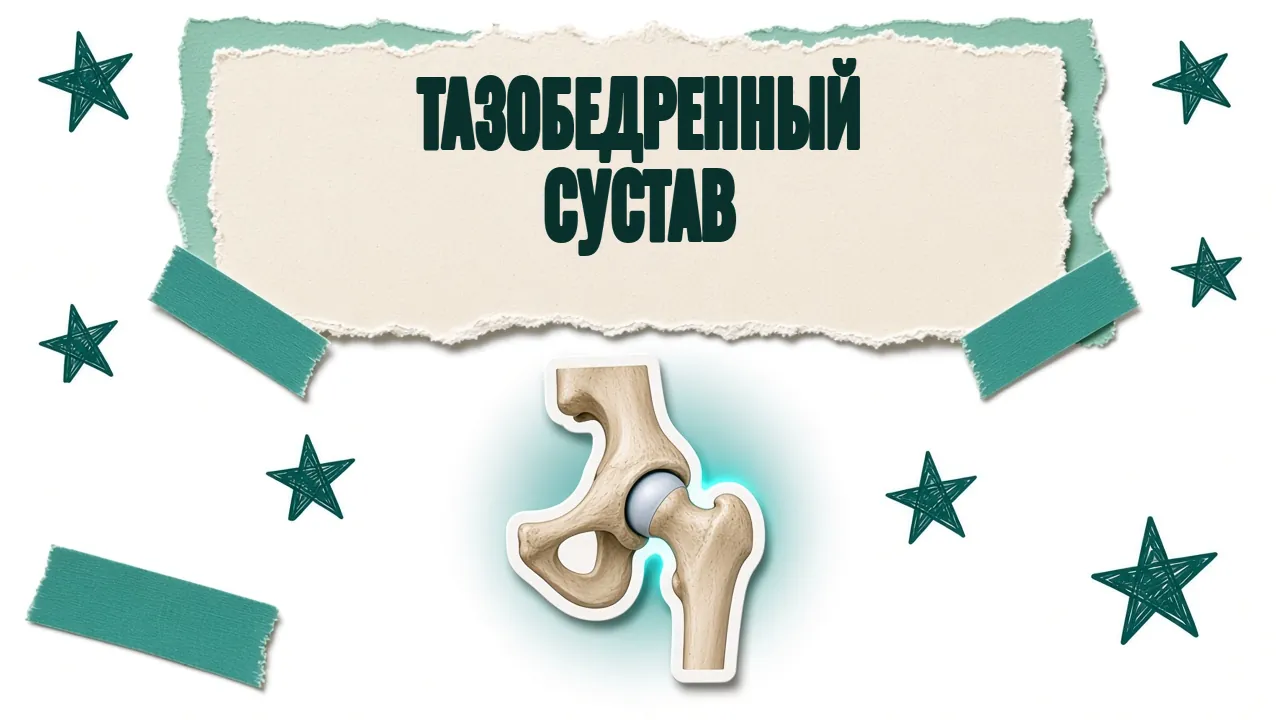 Модель тазобедренного сустава: головка бедра в вертлужной впадине, надпись «Тазобедренный сустав»