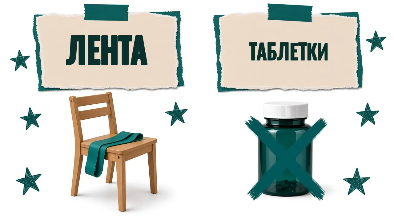 Резинка для упражнений на стуле с надписью «Лента» и перечёркнутая банка таблеток