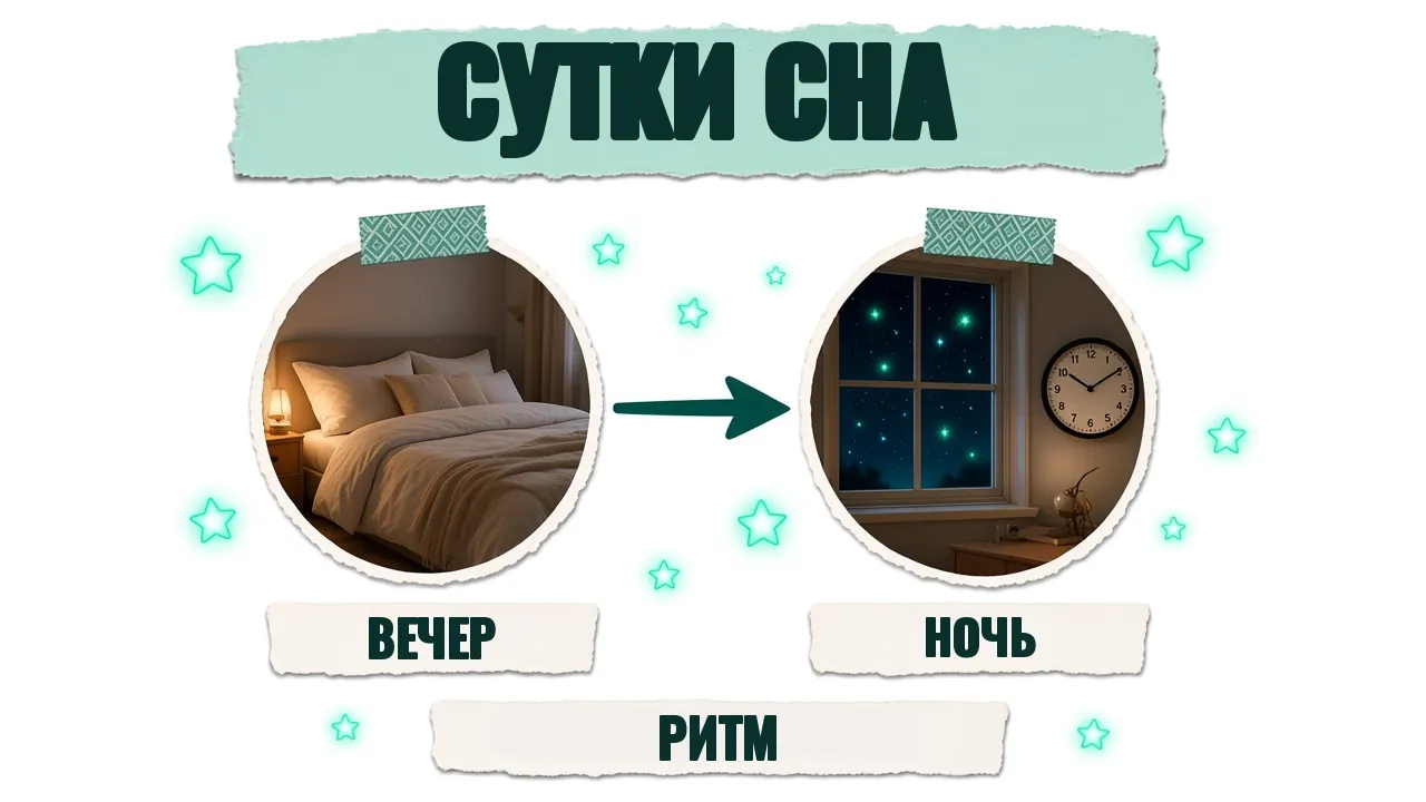 Карточка «Сутки сна»: вечерняя спальня и ночное окно с часами, подписи «Вечер», «Ночь», «Ритм»