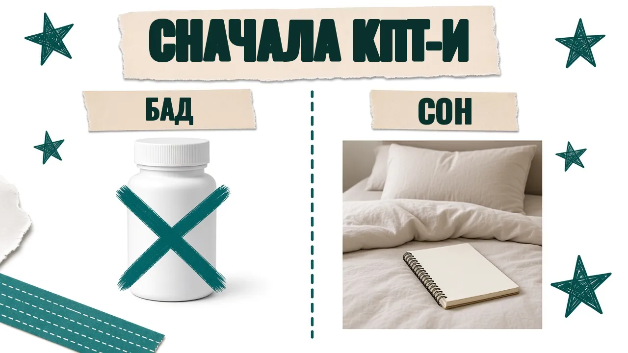 Карточка «Сначала КПТ-И»: баночка с подписью «БАД» перечёркнута, кровать с блокнотом и подписью «Сон»