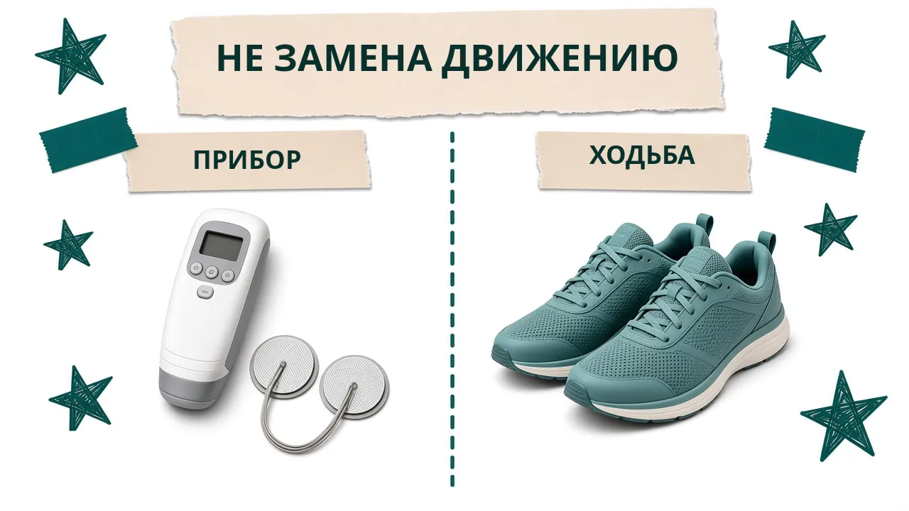 Карточка «Не замена движению»: прибор TENS с накладками с подписью «Прибор» и кроссовки с подписью «Ходьба»