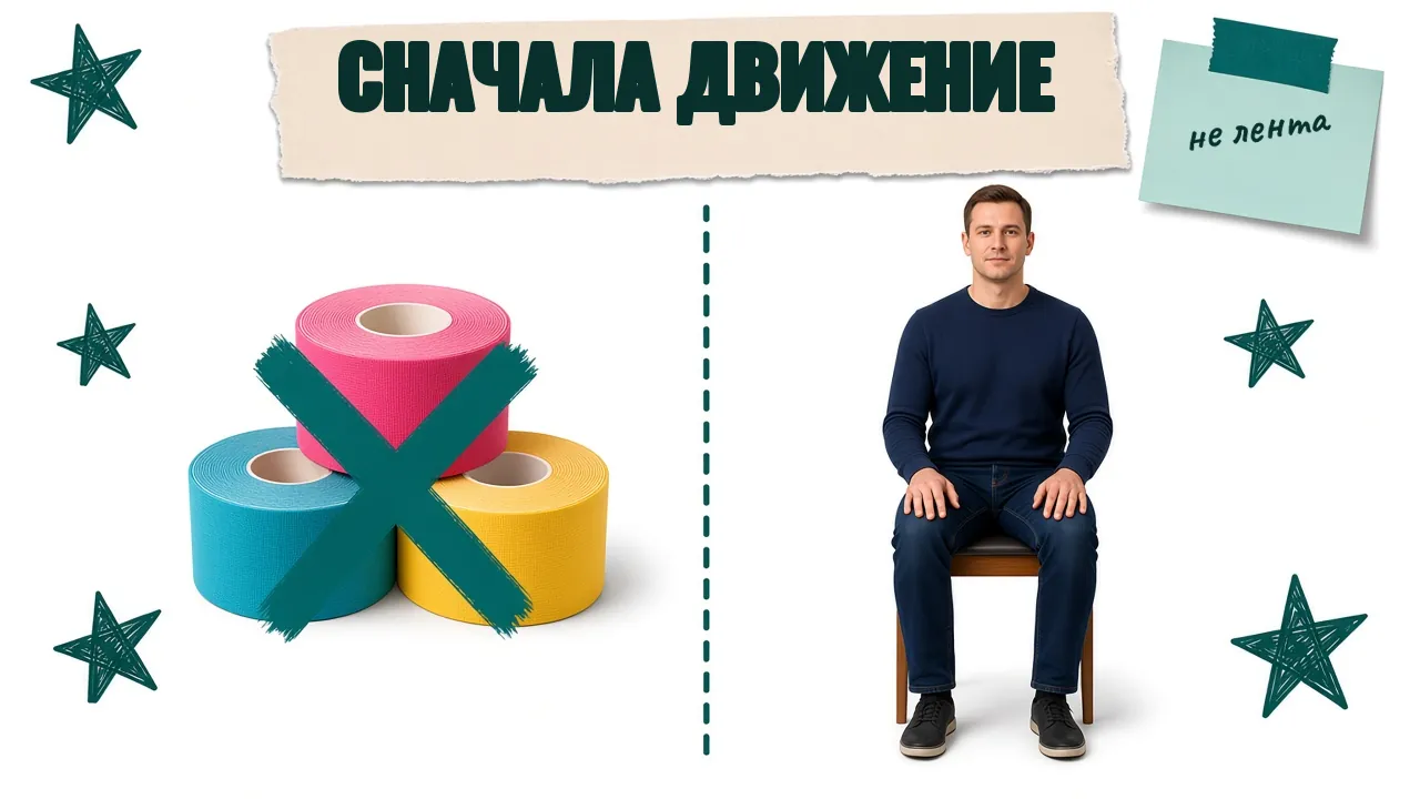 Слева рулоны цветной ленты с крестом, справа человек сидит на стуле, стопы на полу, руки на бёдрах, на теле ленты нет