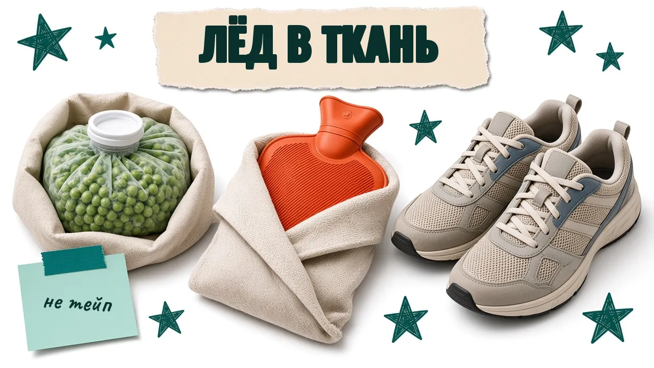 Пакет замороженного горошка в ткани, грелка в полотенце и пара кроссовок на белом фоне со стикерами