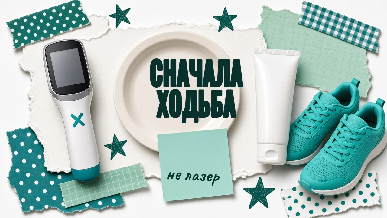 Слева прибор для лазерной физиотерапии с бирюзовым крестом, справа тюбик геля без названия и пара бирюзовых кроссовок, по центру круглая кремовая тарелка «Сначала ходьба» и мятный стикер «не лазер»