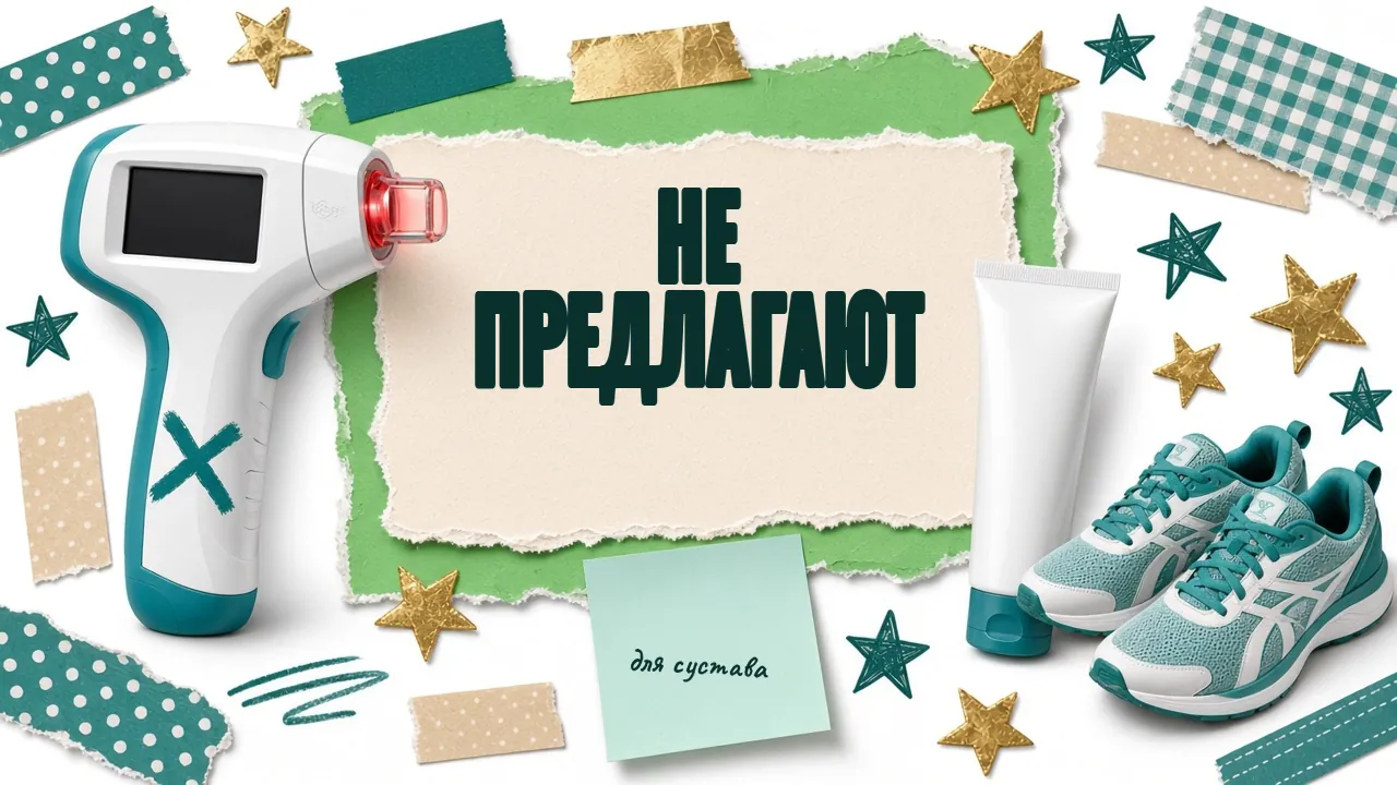 Слева белый лазерный прибор с красным наконечником и бирюзовым крестом, по центру рваная кремовая плашка «Не предлагают» на зелёной подложке и мятный стикер «для сустава», справа тюбик без названия и бирюзовые кроссовки