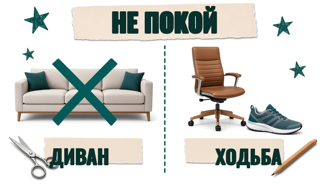 Карточка «Не покой»: диван перечёркнут, рядом стул и кроссовок с подписью «Ходьба»