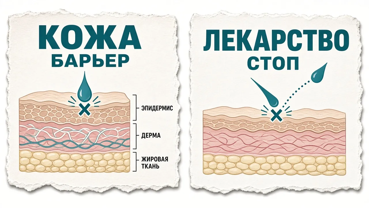 Схема: кожа из трёх слоёв, стрелка лекарства останавливается