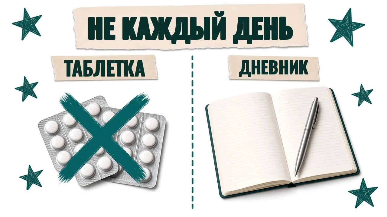 Перечёркнутые блистеры с таблетками и открытый дневник с ручкой, надпись «Не каждый день»