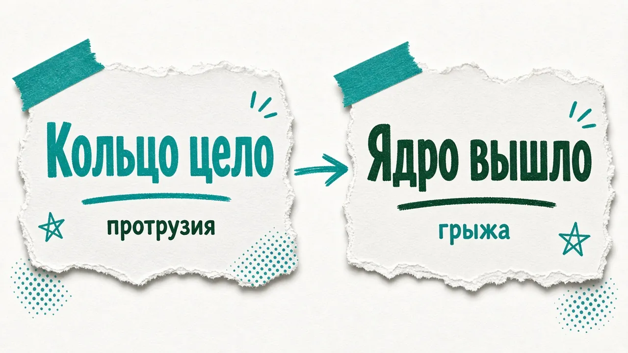 Сравнение: протрузия — кольцо цело; грыжа — ядро вышло