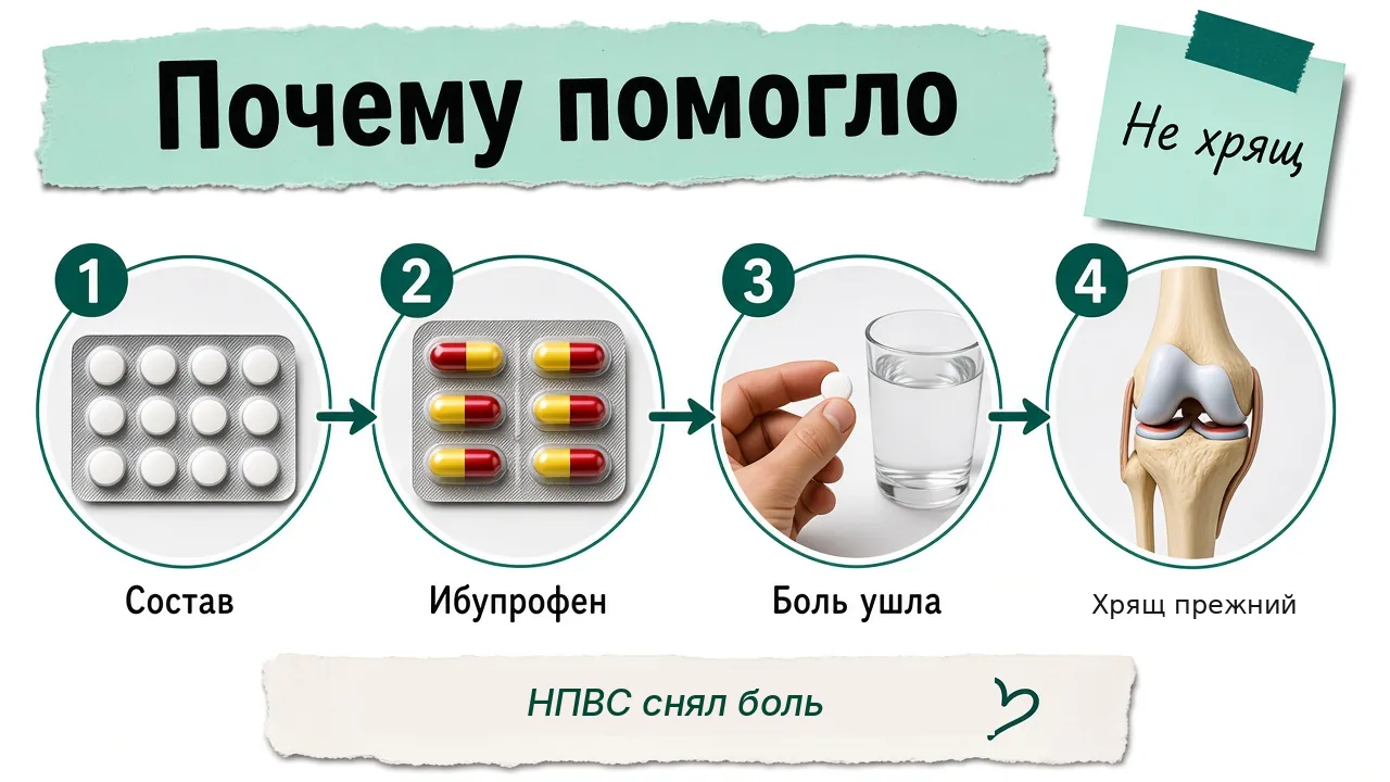 Четыре шага: состав, ибупрофен, боль ушла, хрящ прежний — помог НПВС