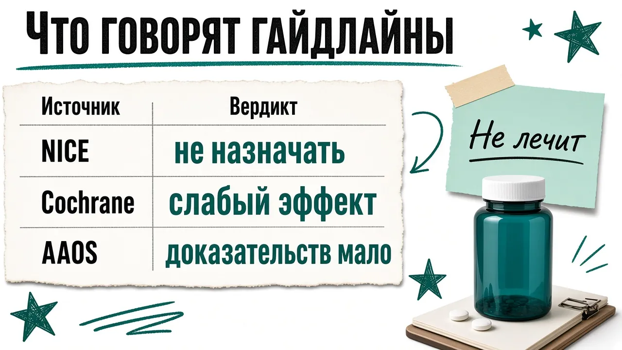 Таблица: NICE — не назначать, Cochrane — слабый эффект, AAOS — доказательств мало