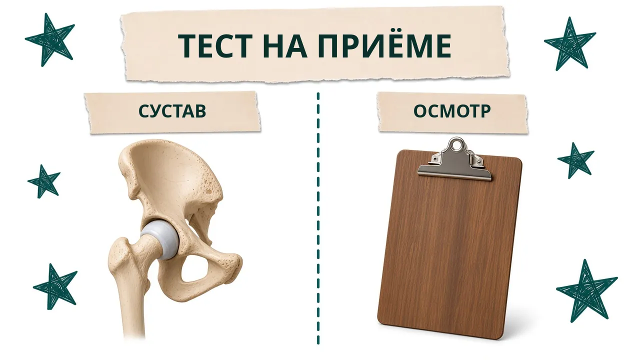Карточка «Тест на приёме»: модель тазобедренного сустава с подписью «Сустав» и планшет врача с подписью «Осмотр»