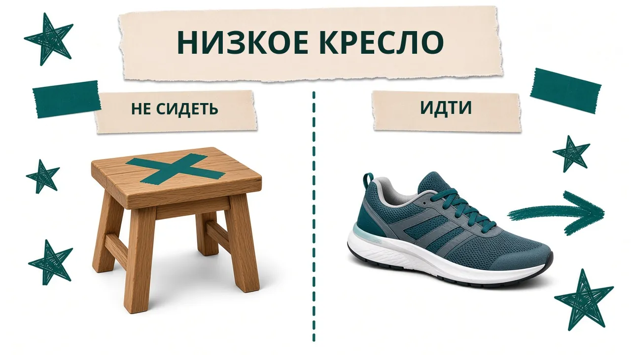 Карточка «Низкое кресло»: низкий табурет перечёркнут, подпись «Не сидеть»; рядом кроссовок со стрелкой и подписью «Идти»