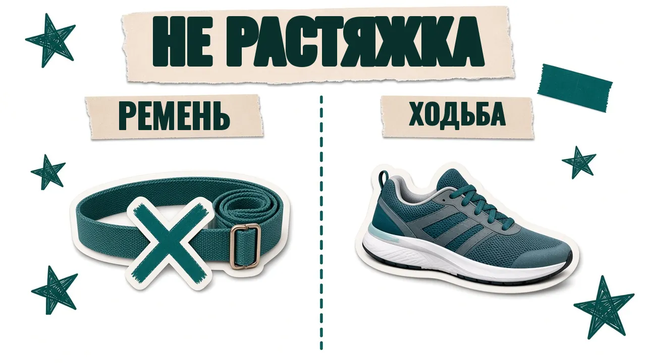 Карточка «Не растяжка»: ремень для растяжки перечёркнут, кроссовок с подписью «Ходьба»