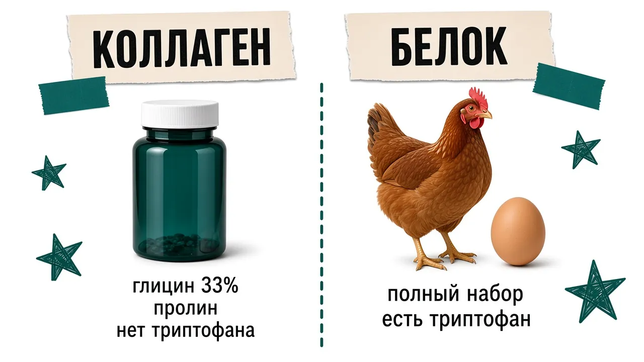 Сравнение: коллаген — глицин 33%, нет триптофана; полноценный белок — полный набор
