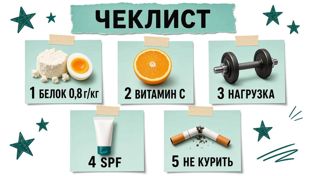 Пять пунктов: белок 0,8 г/кг, витамин C, нагрузка, SPF, не курить