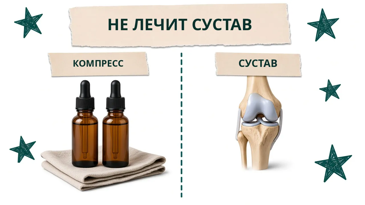 Карточка «Не лечит сустав»: флаконы на сложенной ткани с подписью «Компресс» и модель коленного сустава с подписью «Сустав»