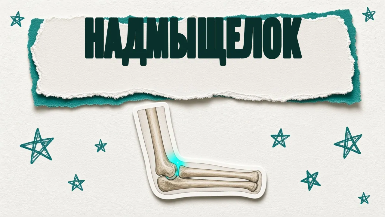 Модель локтевого сустава с подсвеченным наружным надмыщелком, надпись «Надмыщелок»