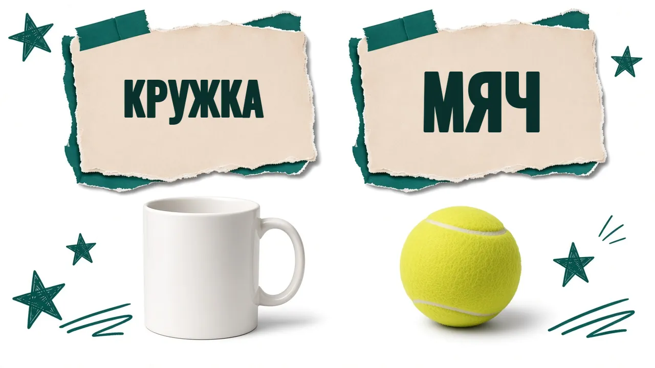 Кружка с надписью «Кружка» и мяч с надписью «Мяч»
