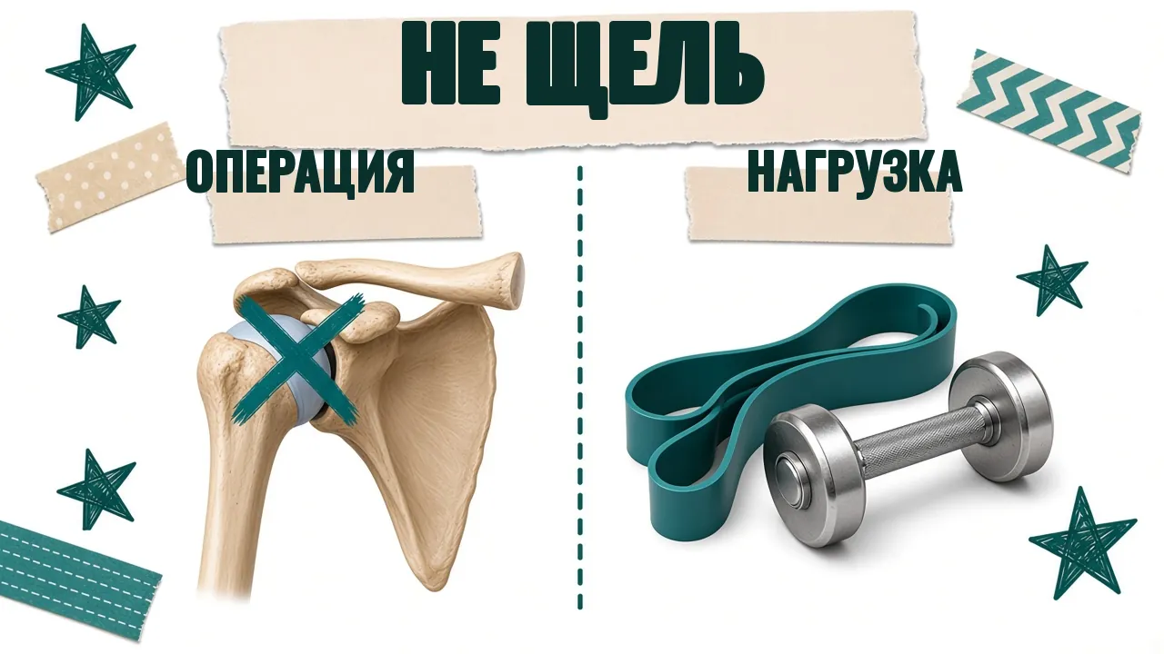 Карточка «Не щель»: плечо с подписью «Операция» перечёркнуто, эспандер и гантель с подписью «Нагрузка»