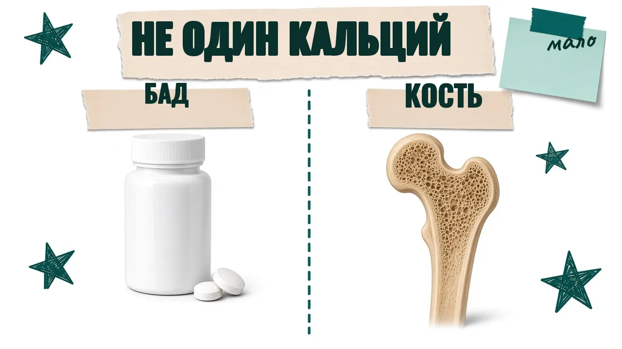 Карточка «Не один кальций»: баночка с подписью «БАД», кость в разрезе с подписью «Кость» и записка «мало»