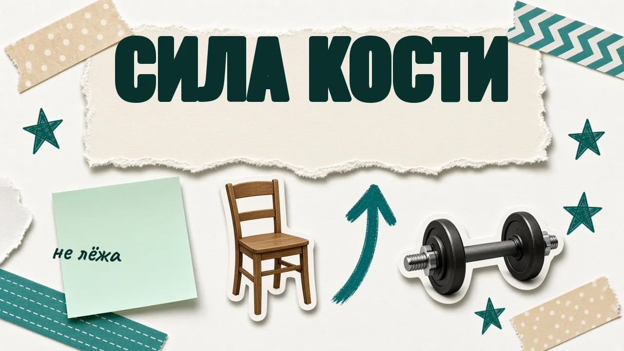 Карточка «Сила кости»: стул, стрелка вверх, гантель и записка «не лёжа»