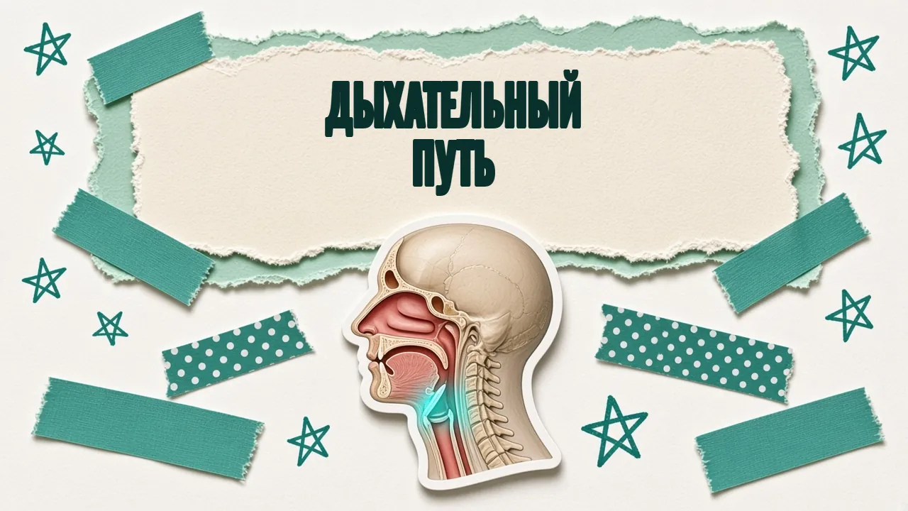 Разрез головы и шеи с подсвеченной глоткой, надпись «Дыхательный путь»