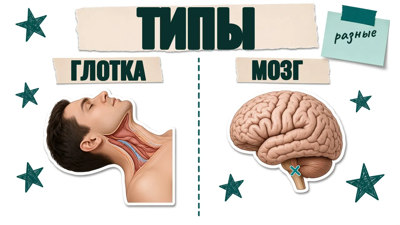 Два типа апноэ: перекрытая глотка у спящего человека и мозг с перечёркнутым сигналом