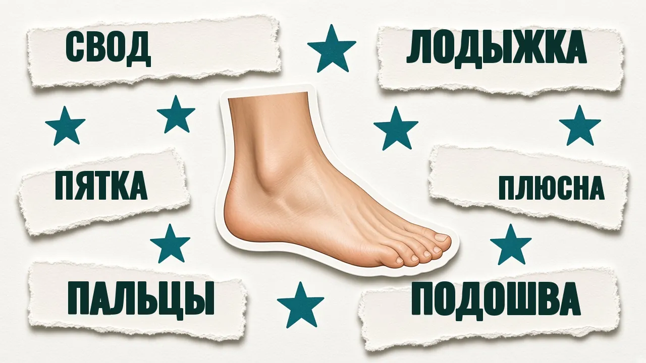 Карточка: стопа сбоку с подписями «Свод», «Лодыжка», «Пятка», «Плюсна», «Пальцы», «Подошва»