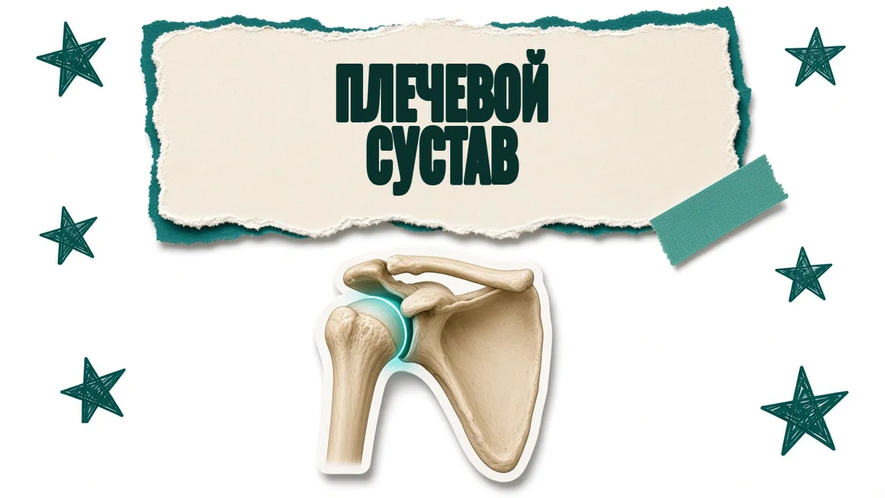 Модель плечевого сустава: головка плечевой кости, лопатка и ключица, надпись «Плечевой сустав»