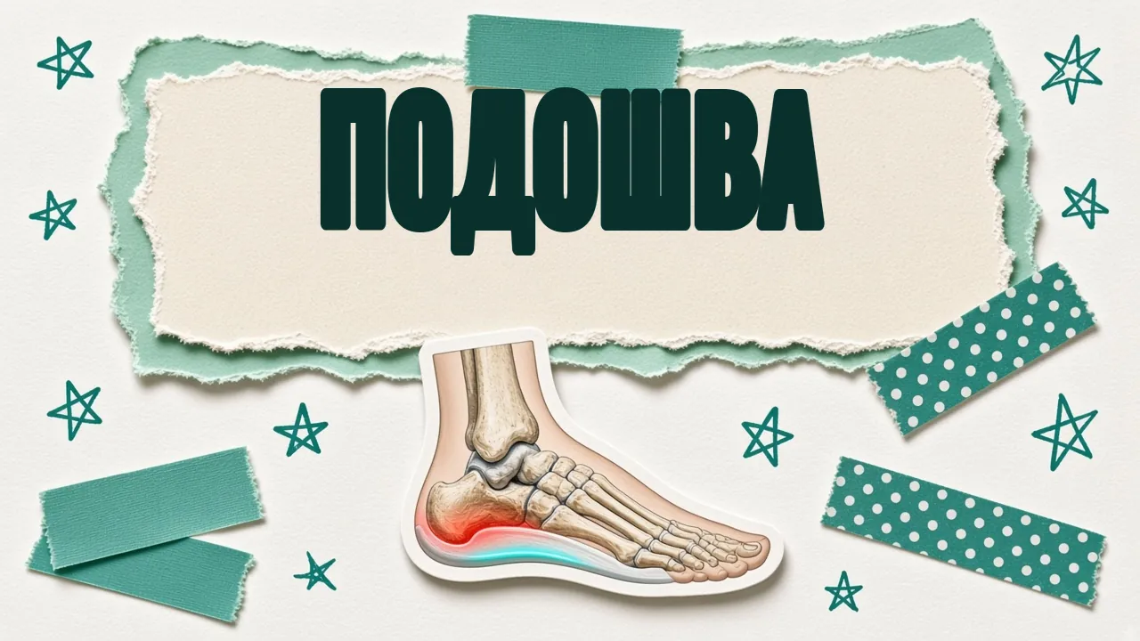 Модель стопы с подсвеченной пяткой и подошвенной фасцией, надпись «Подошва»