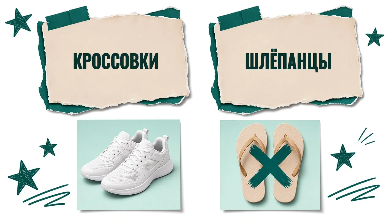 Кроссовки с надписью «Кроссовки» и перечёркнутые шлёпанцы