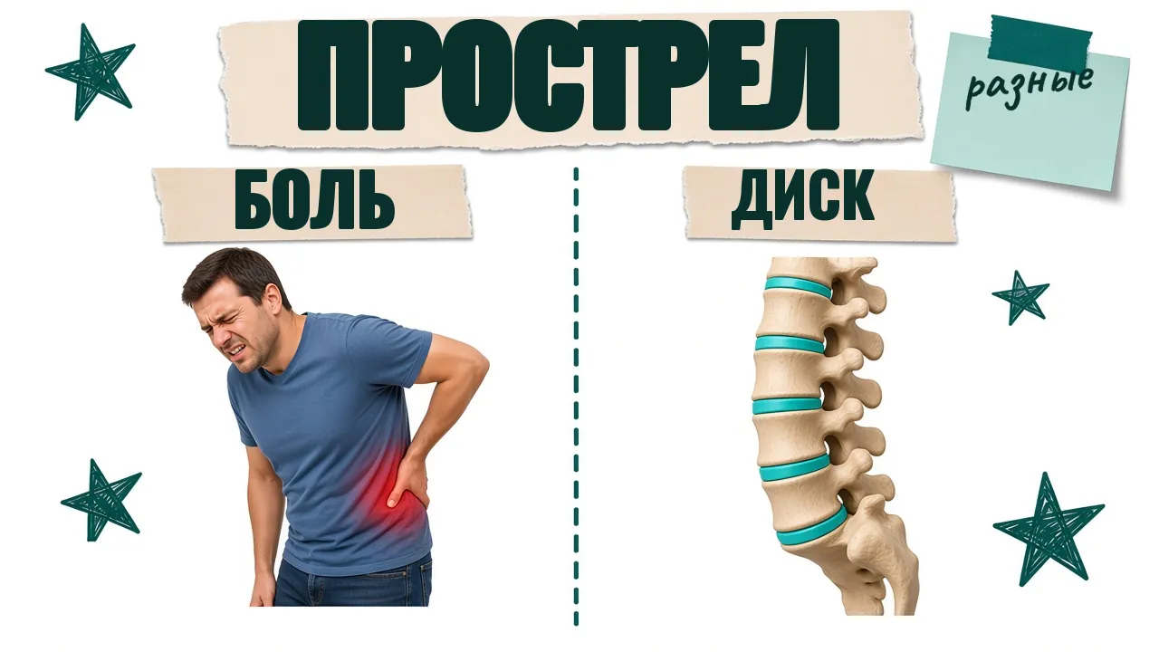 Слева мужчина держится за поясницу, справа поясничные позвонки с дисками, надпись «Прострел»