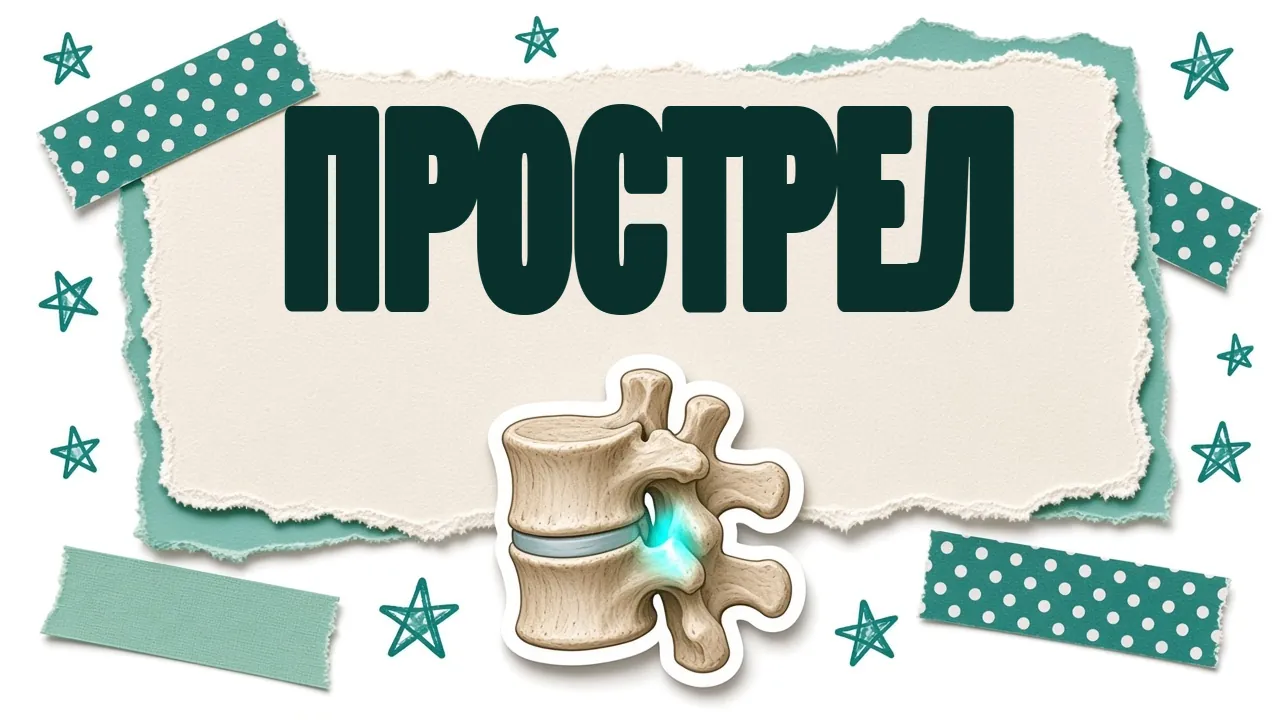 Модель двух позвонков с подсвеченным фасеточным суставом, надпись «Прострел»