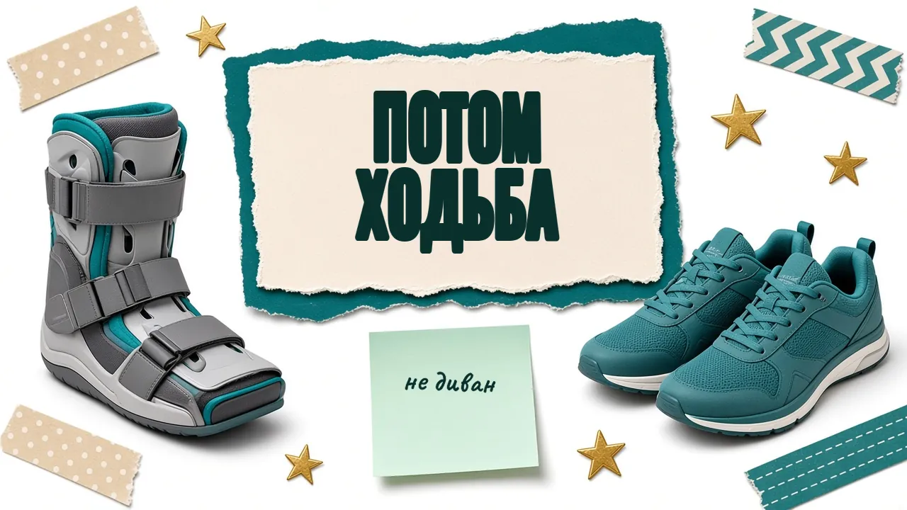 Слева высокий съёмный ортез-сапожок, справа пара бирюзовых кроссовок, по центру кремовая плашка «Потом ходьба» на зелёной подложке и мятный стикер «не диван»