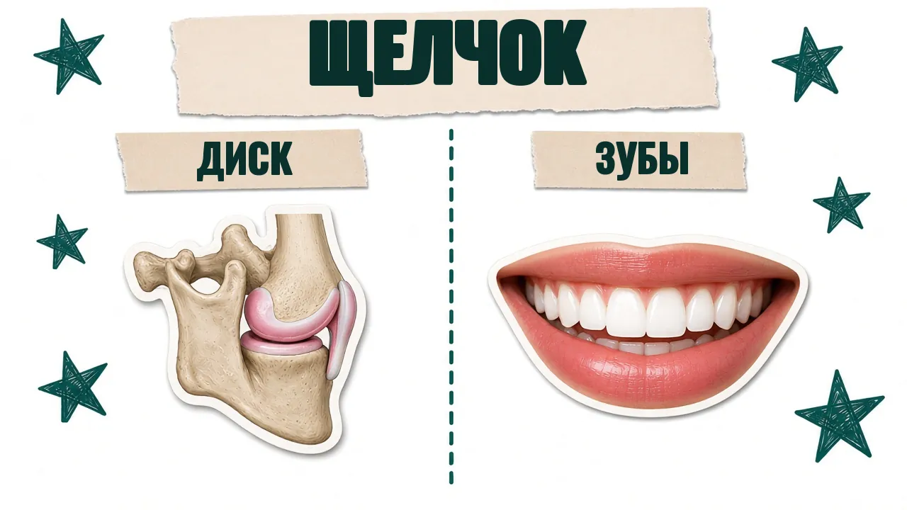 Карточка «Щелчок»: модель сустава с подписью «Диск» и улыбка с подписью «Зубы»
