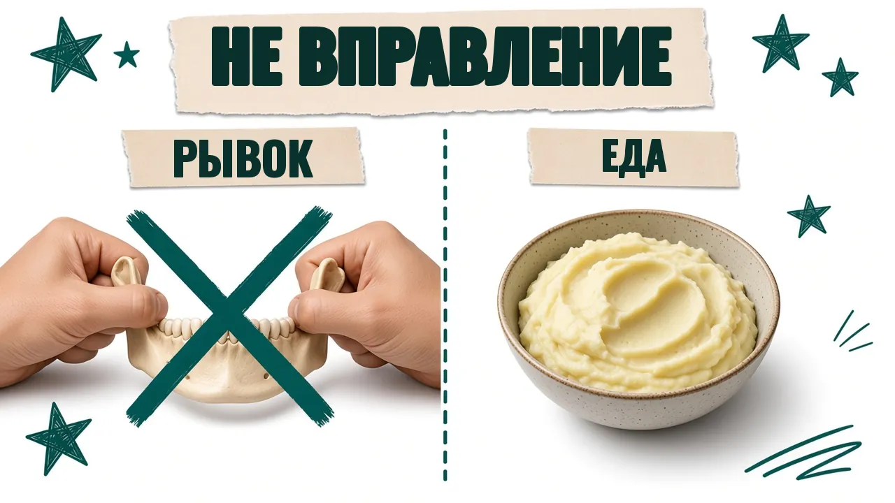 Карточка «Не вправление»: руки, тянущие челюсть, перечёркнуты; рядом миска пюре с подписью «Еда»
