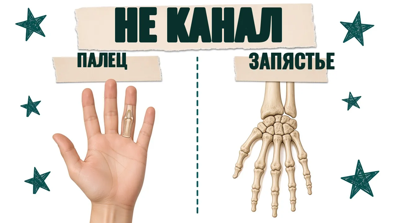 Карточка «Не канал»: ладонь с подписью «Палец» и кости кисти с подписью «Запястье»
