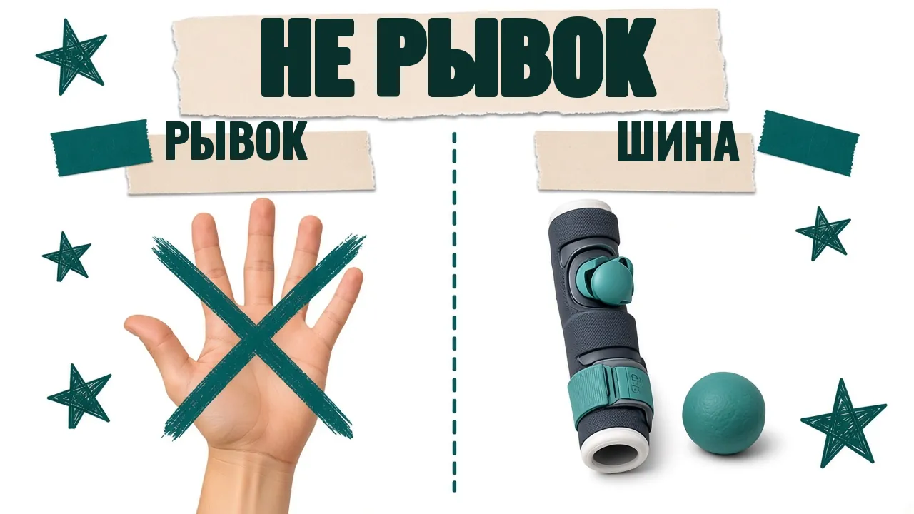 Карточка «Не рывок»: ладонь с подписью «Рывок» перечёркнута, шина для пальца с подписью «Шина»