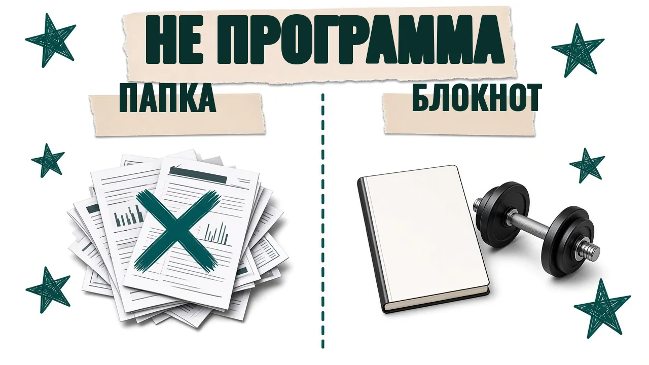 Карточка «Не программа»: стопка распечаток перечёркнута, рядом блокнот и гантель