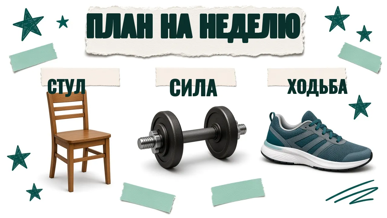Карточка «План на неделю»: стул, гантель и кроссовок с подписями «Стул», «Сила», «Ходьба»