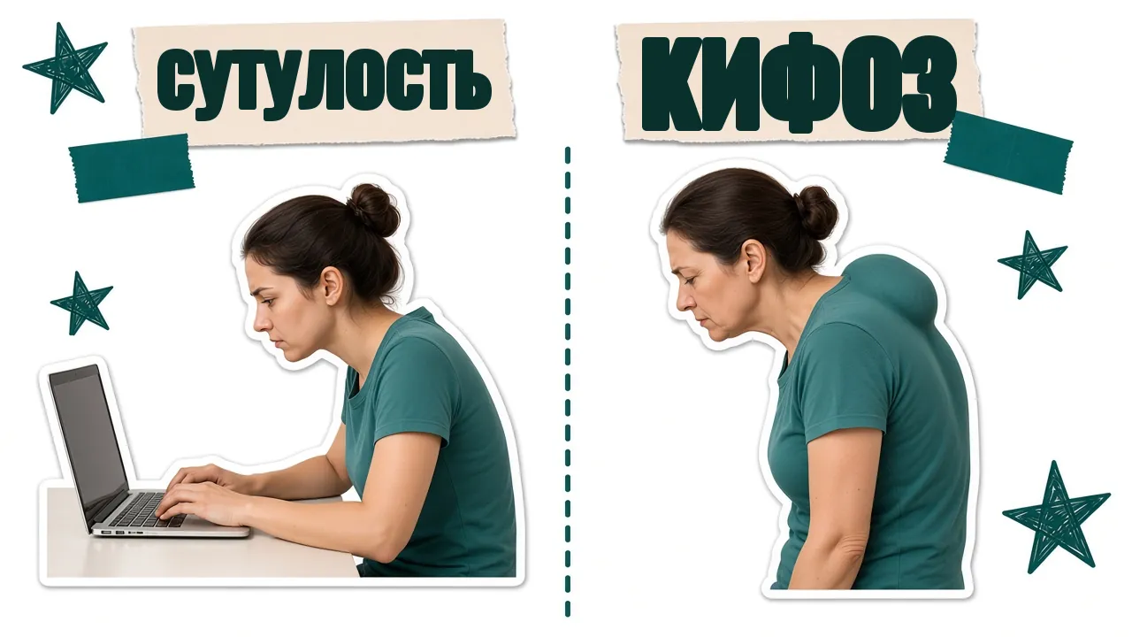 Слева женщина сутулится за ноутбуком, справа женщина с постоянным округлым изгибом верха спины