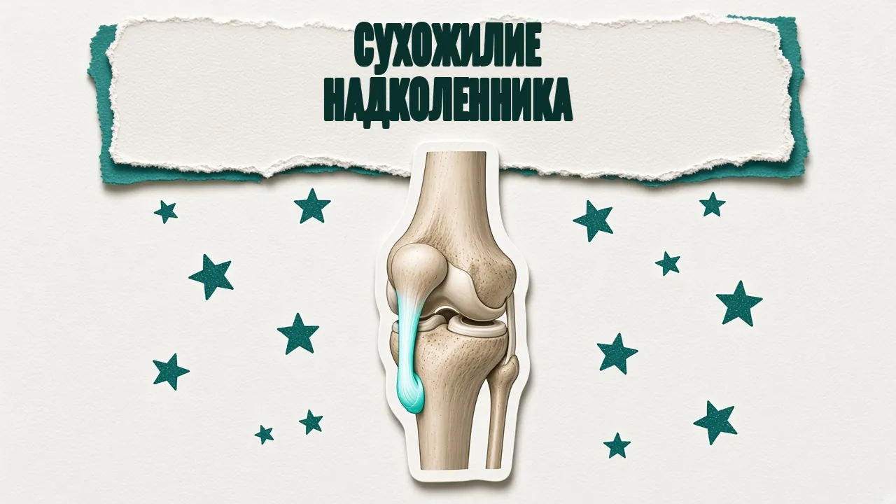 Модель коленного сустава с подсвеченным сухожилием от надколенника к большеберцовой кости, надпись «Сухожилие надколенника»