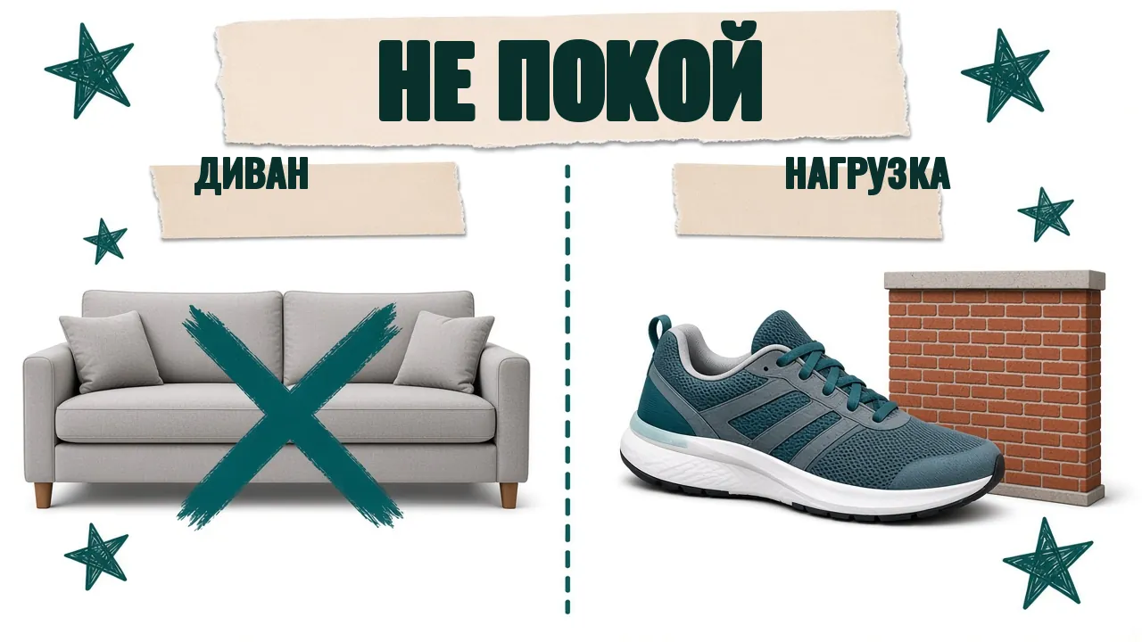 Карточка «Не покой»: диван перечёркнут, кроссовок у кирпичной ступеньки с подписью «Нагрузка»