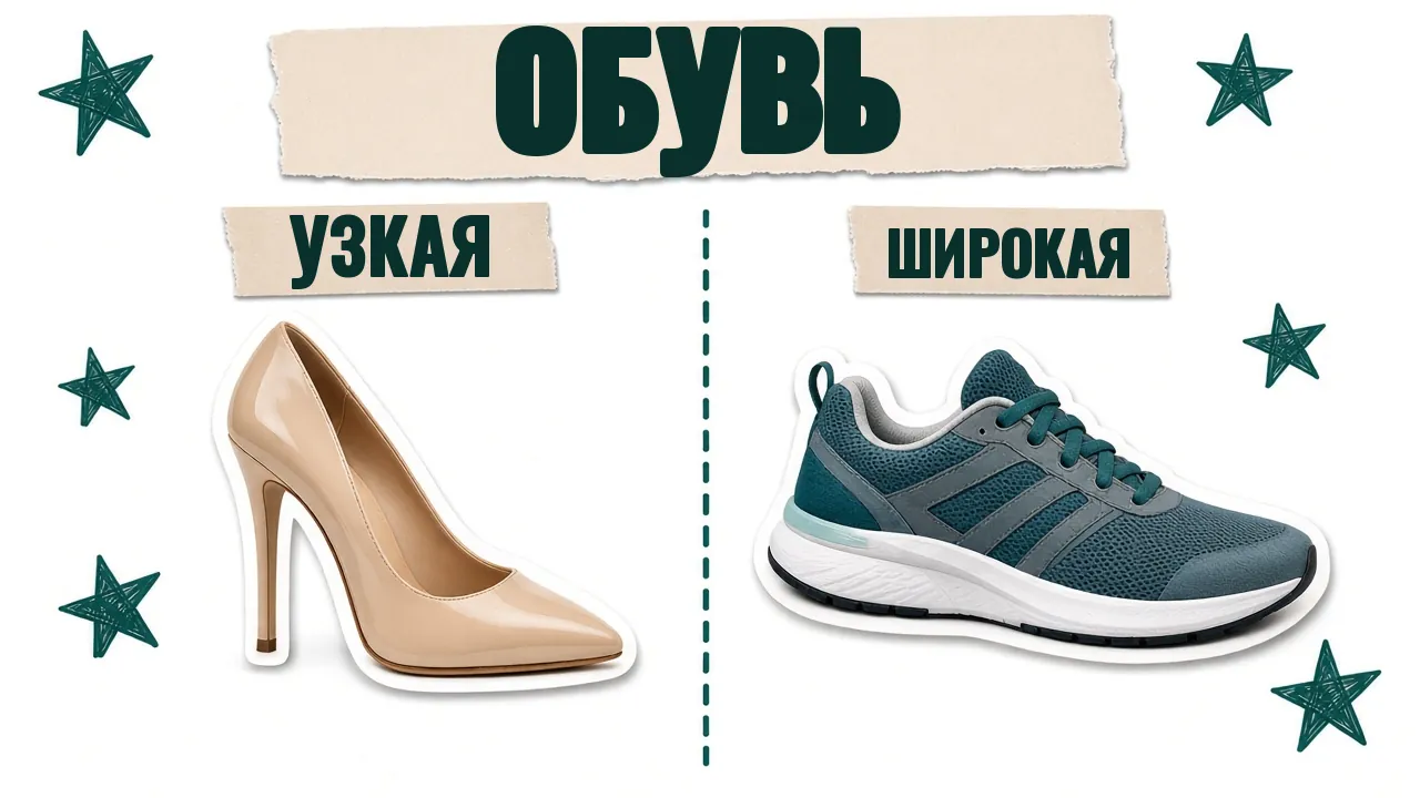 Узкая туфля на каблуке и широкие кроссовки рядом, надпись «Обувь»