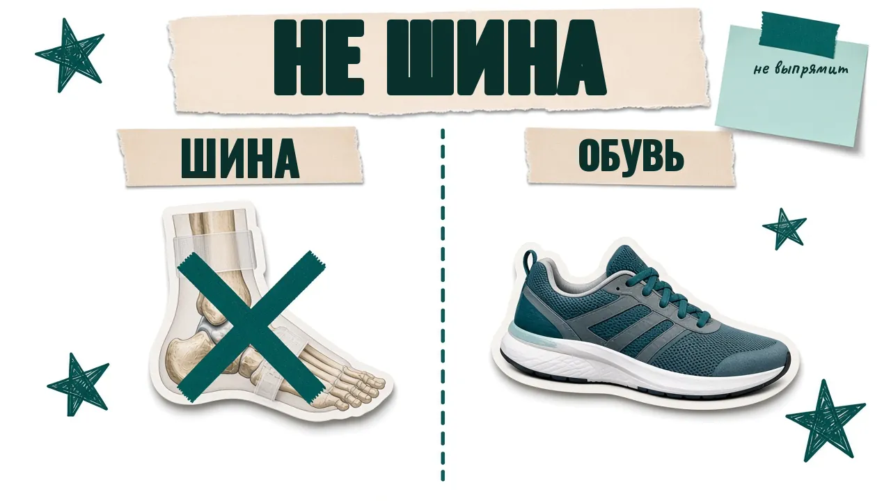 Карточка «Не шина»: шина на стопе перечёркнута, рядом кроссовок с подписью «Обувь»