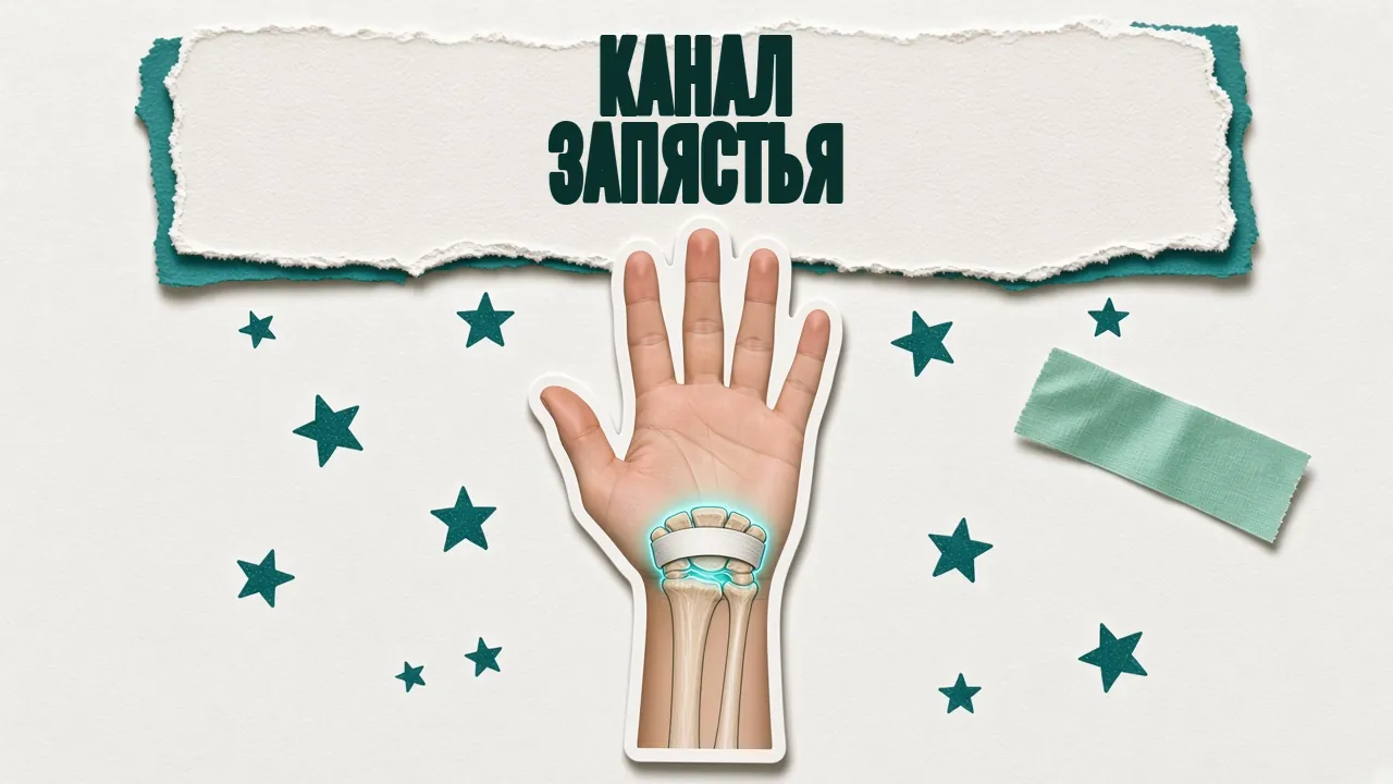 Ладонь с подсвеченным каналом запястья: дуга костей запястья и поперечная связка сверху, надпись «Канал запястья»