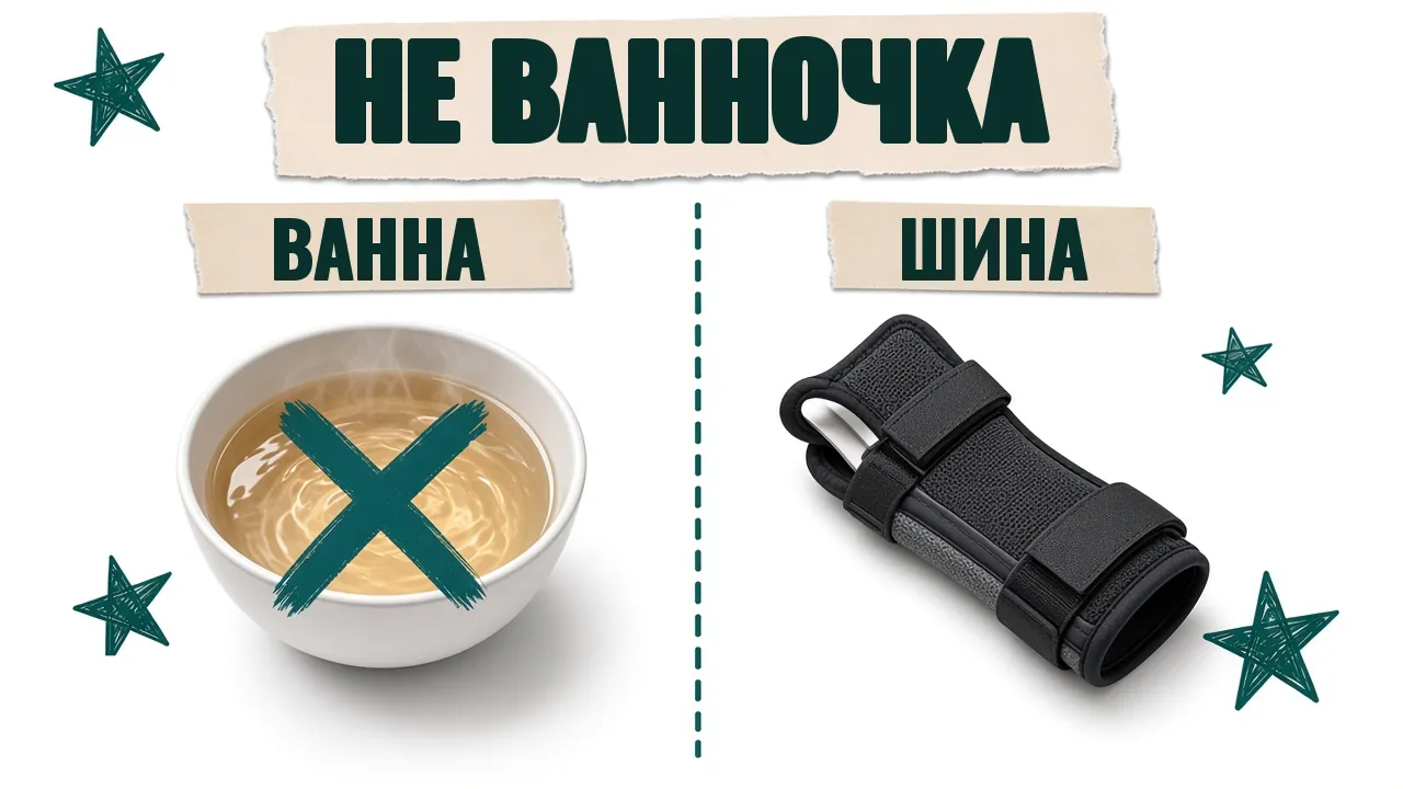 Карточка «Не ванночка»: миска с водой перечёркнута, рядом шина для запястья